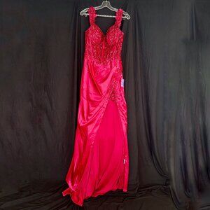 Pleated Satin Dress with Embellished and Sheer Bodice by LaDivine